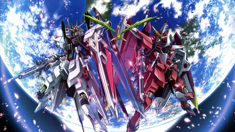 ZGMF-X10A Freedom Gundam, ZGMF-X09A Justice Gundam, Mobile Suit Gundam SEED, 5K wallpaper