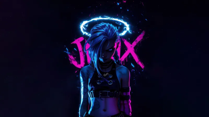 Jinx (Arcane) Neon art, Dark background 5K