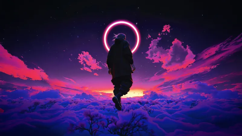 Neon halo above the clouds, Pink sky, Lone figure, 4K wallpaper