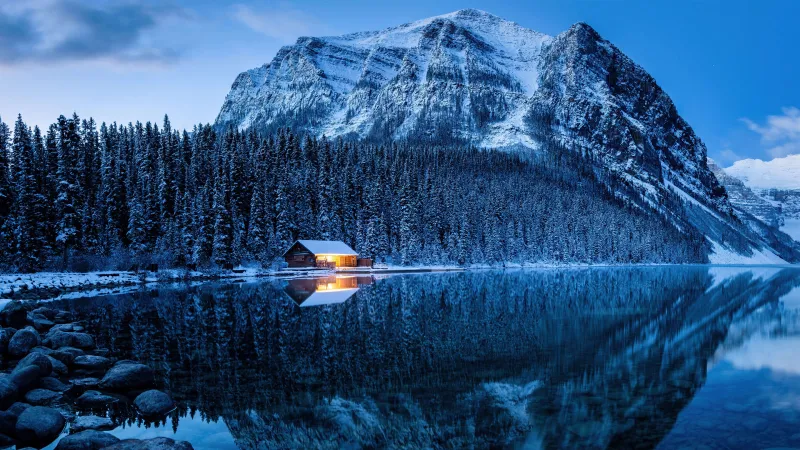 Lake Louise winter wallpaper, Snowy cabin, Banff National Park