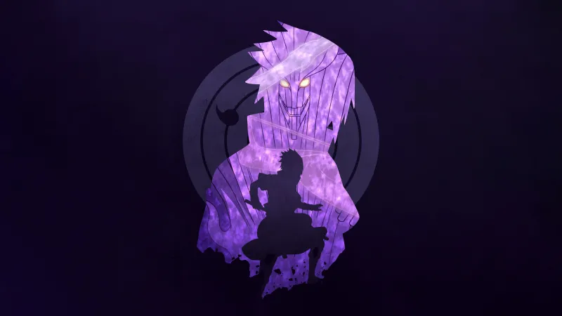 Sasuke Uchiha, Susanoo mode, Purple background 5K, Dark purple, Naruto Mangekyo Sharingan