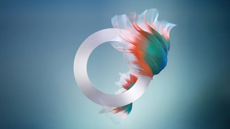 Teal and orange feather swirl, Silver ring, Abstract, 5K wallpaper