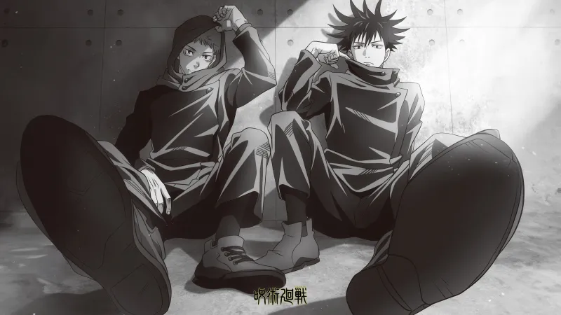 Yuji Itadori, Megumi Fushiguro, Jujutsu Kaisen, Monochrome wallpaper 5K