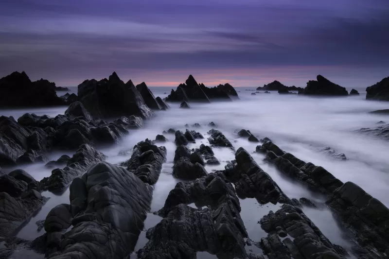 Hartland Quay, Rocky coast, Misty long exposure, 5K wallpaper