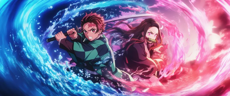 Tanjiro & Nezuko Water Breathing, Ultrawide 5K wallpaper, Demon Slayer: Kimetsu no Yaiba