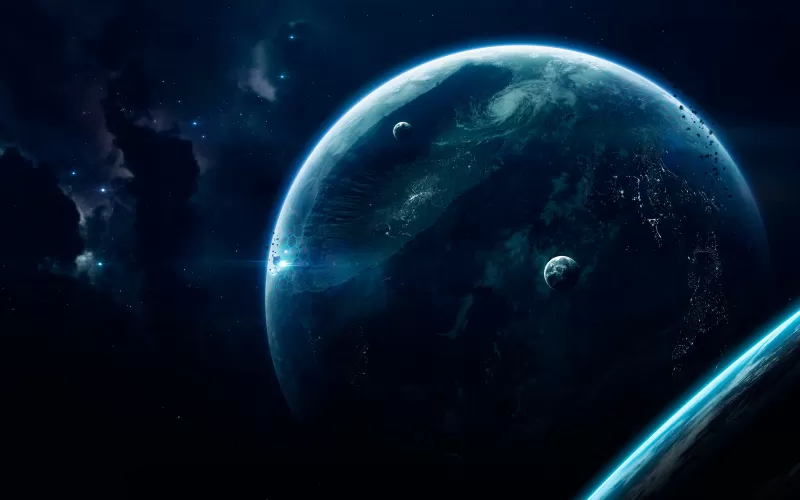 Blue planet, Moons, Deep space, 4K wallpaper
