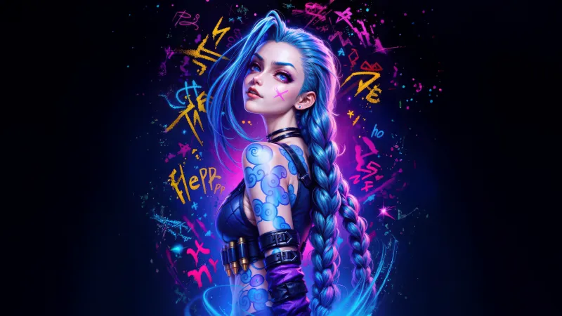 Jinx Colorful art, Arcane: League of Legends, AI art, Dark background, Neon art, 5K wallpaper