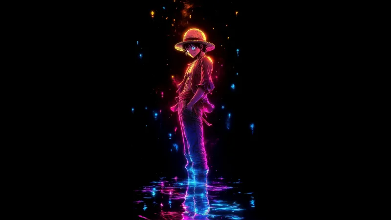 Neon Monkey D. Luffy, Black background 8K