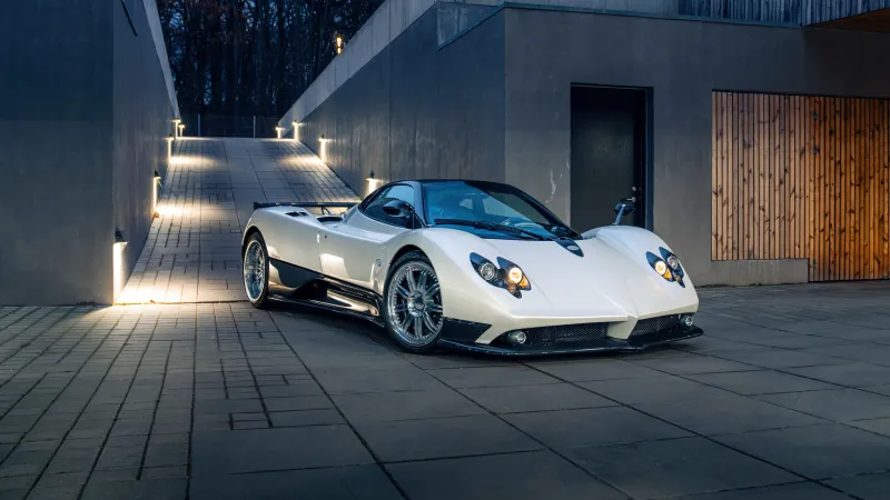 Pagani Zonda F, Pearl white hypercar, Modern house at dusk, 8K wallpaper