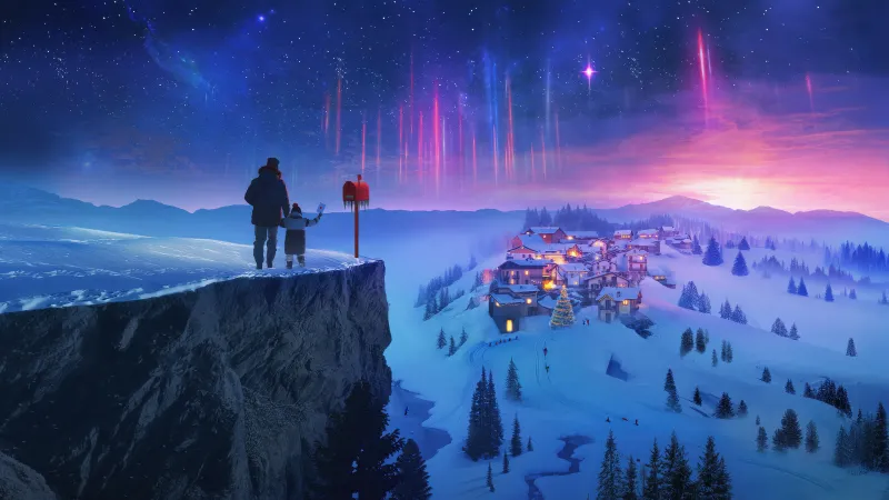 Snowy Christmas village at night, Aurora, Father and child, 5K wallpaper