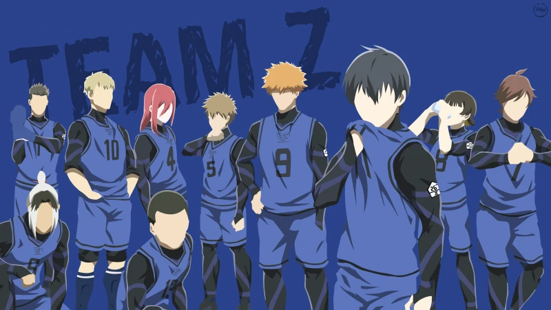 Team Z (Blue Lock) wallpaper, Faceless, Blue background 4K, Yoichi Isagi, Meguru Bachira, Rensuke Kunigami, Hyoma Chigiri, Gin Gagamaru, Jingo Raichi, Gurimu Igarashi, Wataru Kuon, Asahi Naruhaya, Yudai Imamura, Okuhito Iemon
