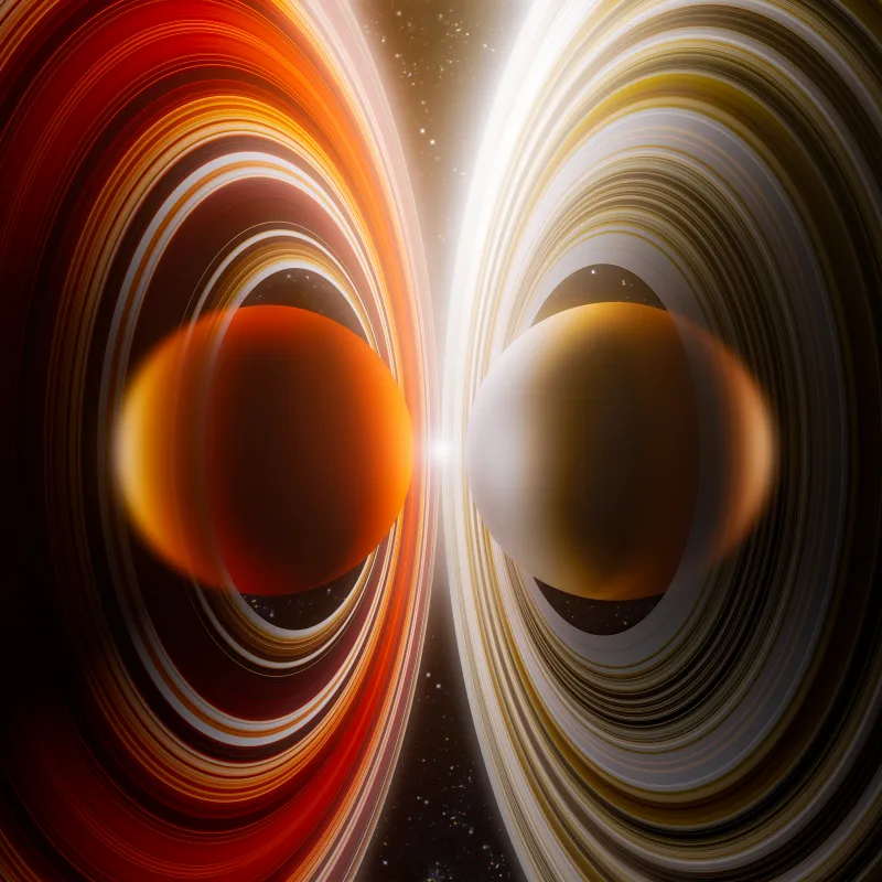 Twin ringed planets, Light rings, Cosmic symmetry, 4K wallpaper