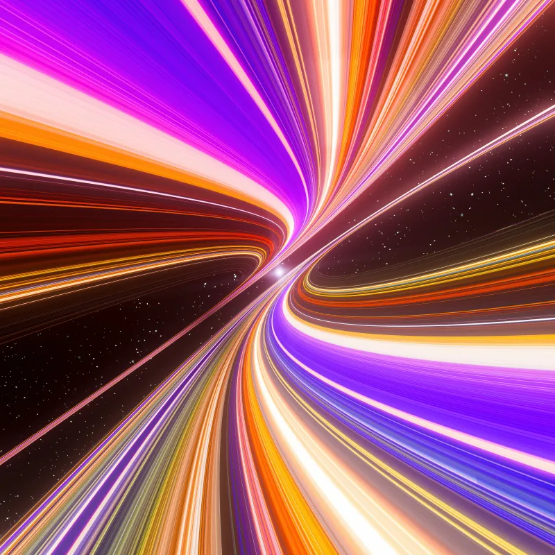 Purple and orange light streaks, Warp, Starry space, 5K wallpaper