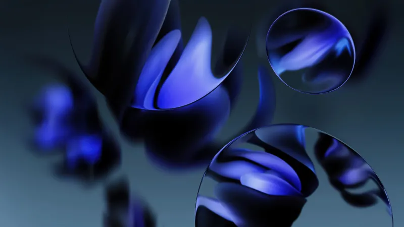 Blue glass bubbles, Dark abstract, Lilac swirls, 5K wallpaper