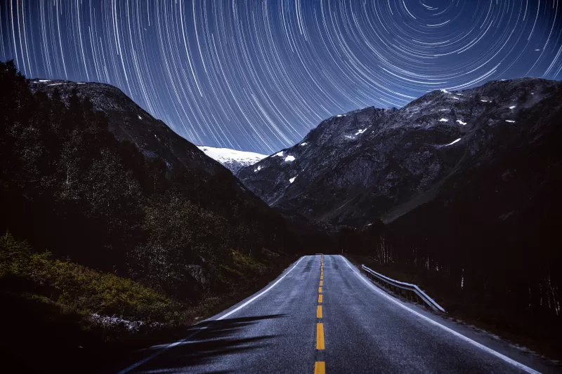 Star trails, Mountain road, Night sky, 5K wallpaper
