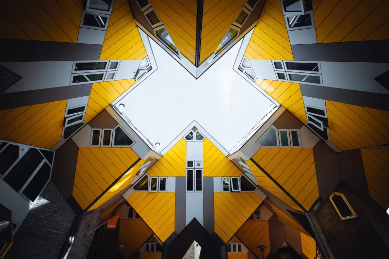 Cube houses, Rotterdam, Netherlands, Yellow, Grey, Geometrical, Symmetry, Skylight, Pattern, 5K