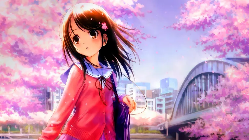 Pretty Anime girl, Spring Cherry blossom, Sakura