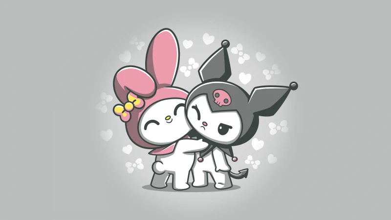 My Melody and Kuromi Hug, Kawaii cartoon, Grey background 8K