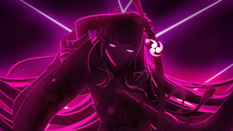 Raiden Shogun Neon art, Pink aesthetic, Dark pink, 5K wallpaper