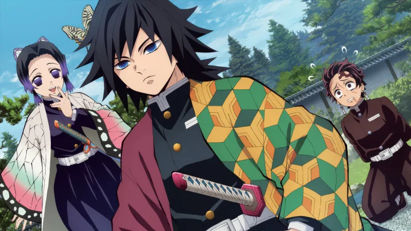 Shinobu Kocho, Giyu Tomioka, Tanjiro Kamado, Demon Slayer: Kimetsu no Yaiba, 5K wallpaper