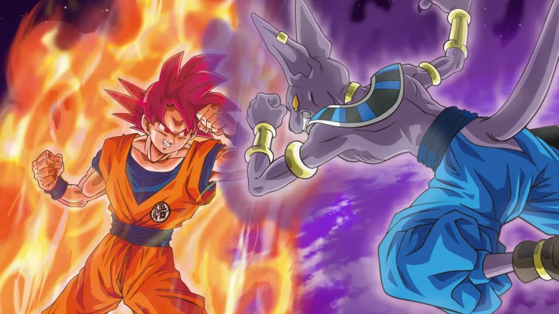 Goku vs Beerus, Dragon Ball Z, Super Saiyan God, 5K wallpaper, Super Saiyan Goku