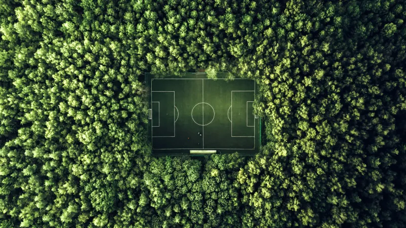 Soccer field in a forest, Aerial view, Green, 5K wallpaper