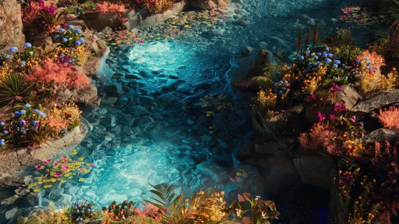 Paradise stream with flowers wallpaper, Turquoise water, Surreal garden