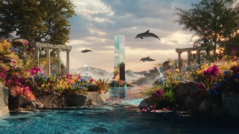 Dolphins over a surreal garden wallpaper, Monolith, Ancient columns