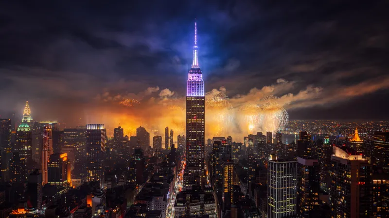 Empire State Building Fireworks, New York City, Skyscrapers, Metropolitan, 8K wallpaper