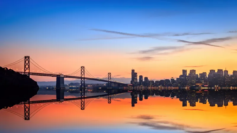 Bay Bridge at sunset, San Francisco skyline, Reflection, 5K wallpaper