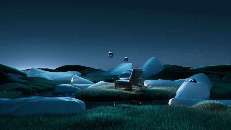 Armchair in a moonlit meadow, Surreal 3D, Floating spheres, 4K wallpaper