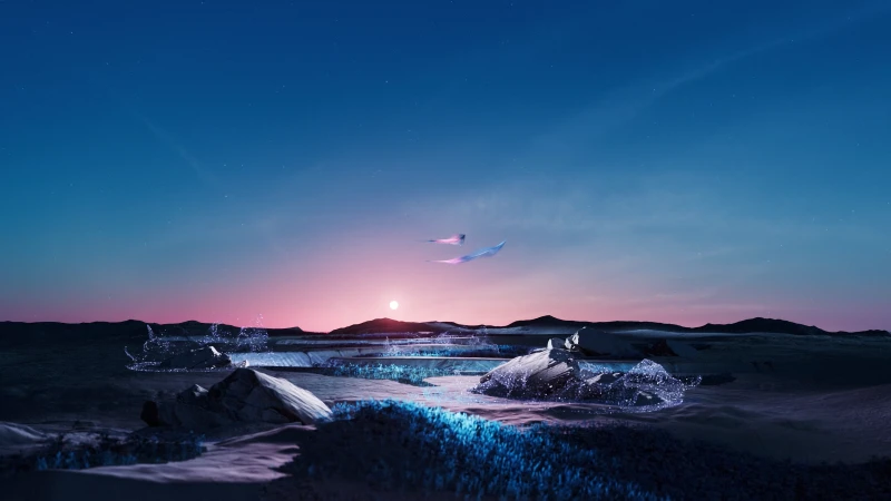 Glowing crystal shore at dusk wallpaper, Surreal landscape, Birds