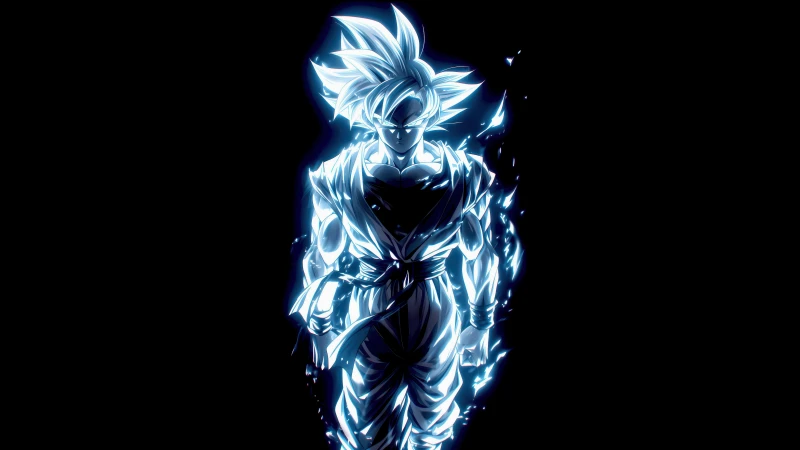 Goku Ultra Instinct wallpaper, Neon glow, Black background, AMOLED