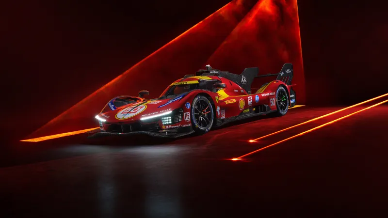 Ferrari 499P wallpaper, Le Mans Hypercar, Red livery, Light beams, 8K