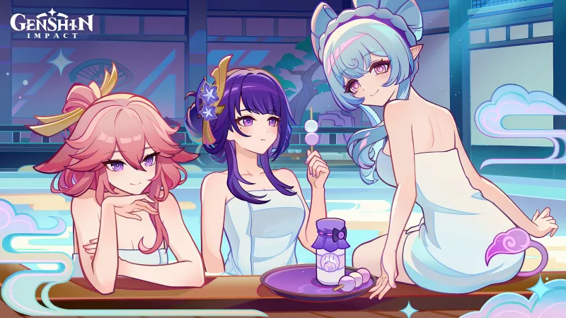 Genshin Impact Hot Spring, Yae Miko, Raiden Shogun, Sangonomiya Kokomi
