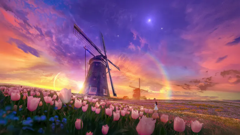 Windmills and tulip field at sunset wallpaper, Rainbow, Dreamy art