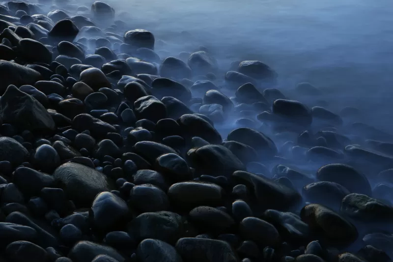 Stones, Pebbles, Seashore, Foggy, Mist, Dark, 5K