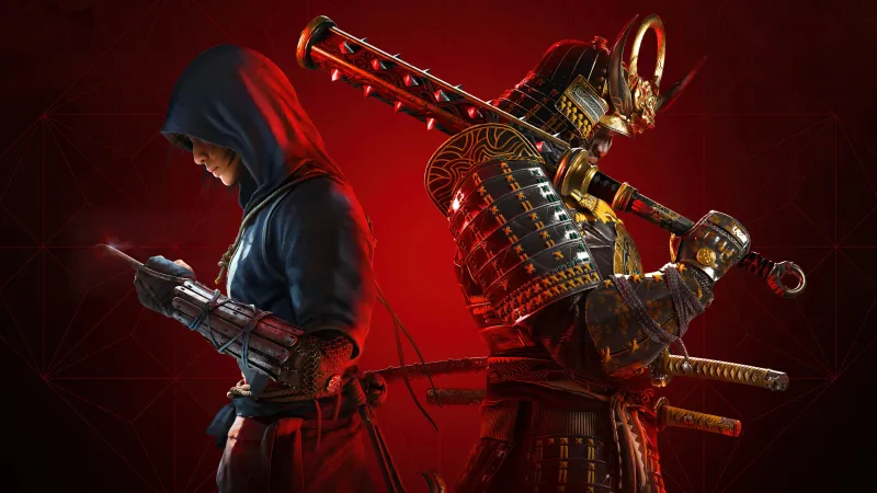 Naoe & Yasuke, Assassin's Creed Shadows, Red background 5K
