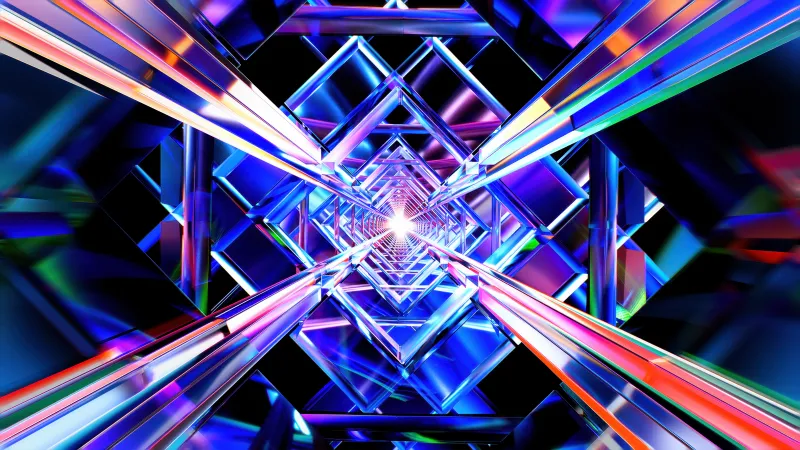 Glass prism tunnel, Neon refraction, Cyberpunk, 5K wallpaper