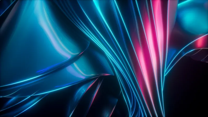 Teal and pink glowing ribbons, Futuristic, Abstract, 8K wallpaper