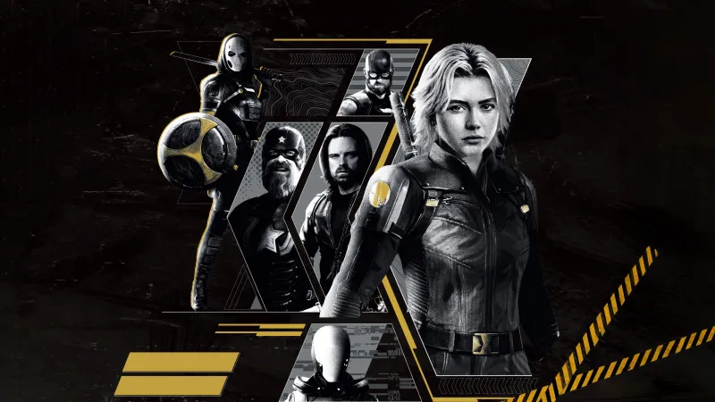 Thunderbolts Monochrome poster, Dark theme, Black Widow, Bucky Barnes, Taskmaster, Red Guardian, Marvel Superheroes, Florence Pugh, Yelena Belova, 5K, Ava Starr (Ghost)