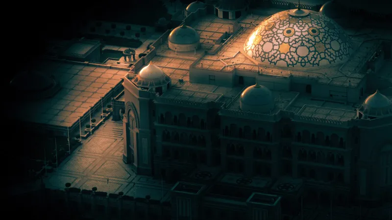 Sheikh Zayed Grand Mosque from above, Abu Dhabi, Night, 5K wallpaper
