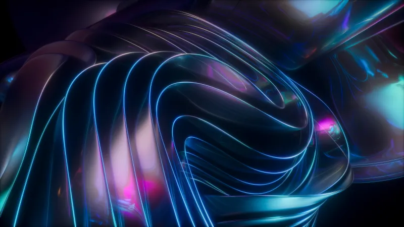 Blue neon lines on dark glass, Futuristic waves, 8K wallpaper