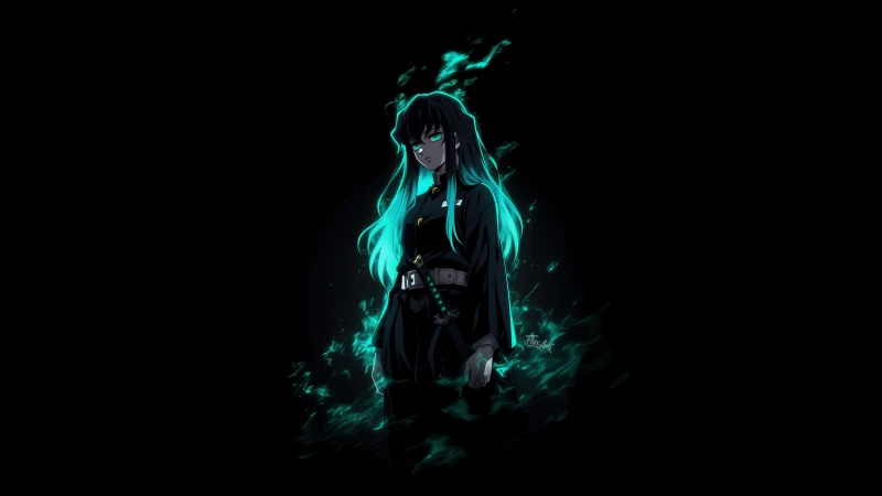 Muichiro Tokito Neon glow, Black background 5K, Demon Slayer: Kimetsu no Yaiba