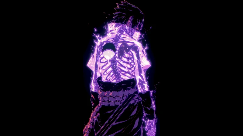 Sasuke Uchiha Neon, Black background 5K, Neon purple