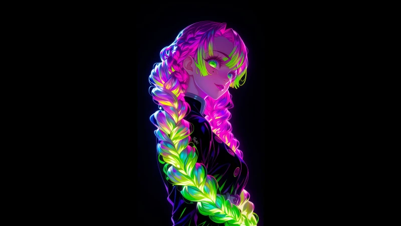 Mitsuri Kanroji wallpaper, Demon Slayer, Neon art, AMOLED