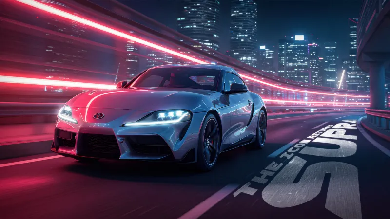 Toyota GR Supra GT, Neon light trails, Night city, 5K wallpaper