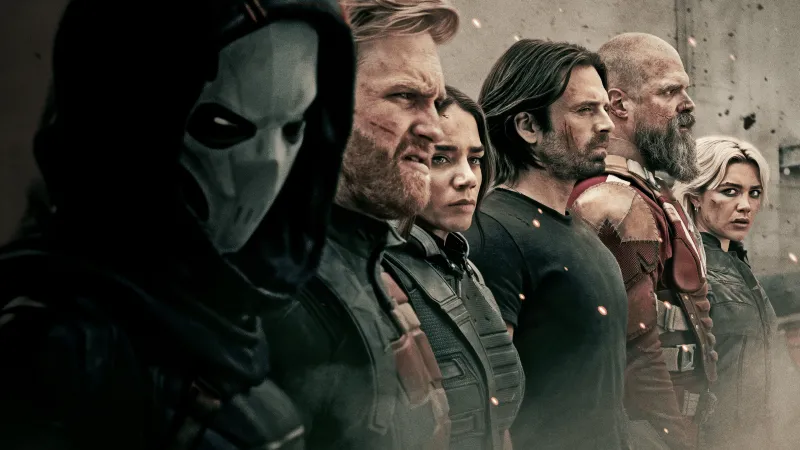 Marvel Thunderbolts, Movie poster, Black Widow, Bucky Barnes, Taskmaster, Red Guardian, Marvel Superheroes, Florence Pugh, Yelena Belova, U.S. Agent, Ava Starr (Ghost)
