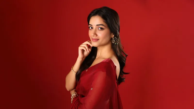 Bhagyashri Borse Saree, Red background 5K