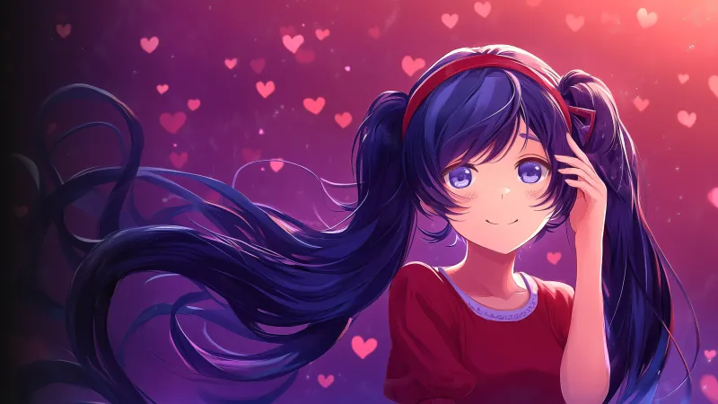 Mita wallpaper, MiSide, Anime girl, Pink hearts, Pink background